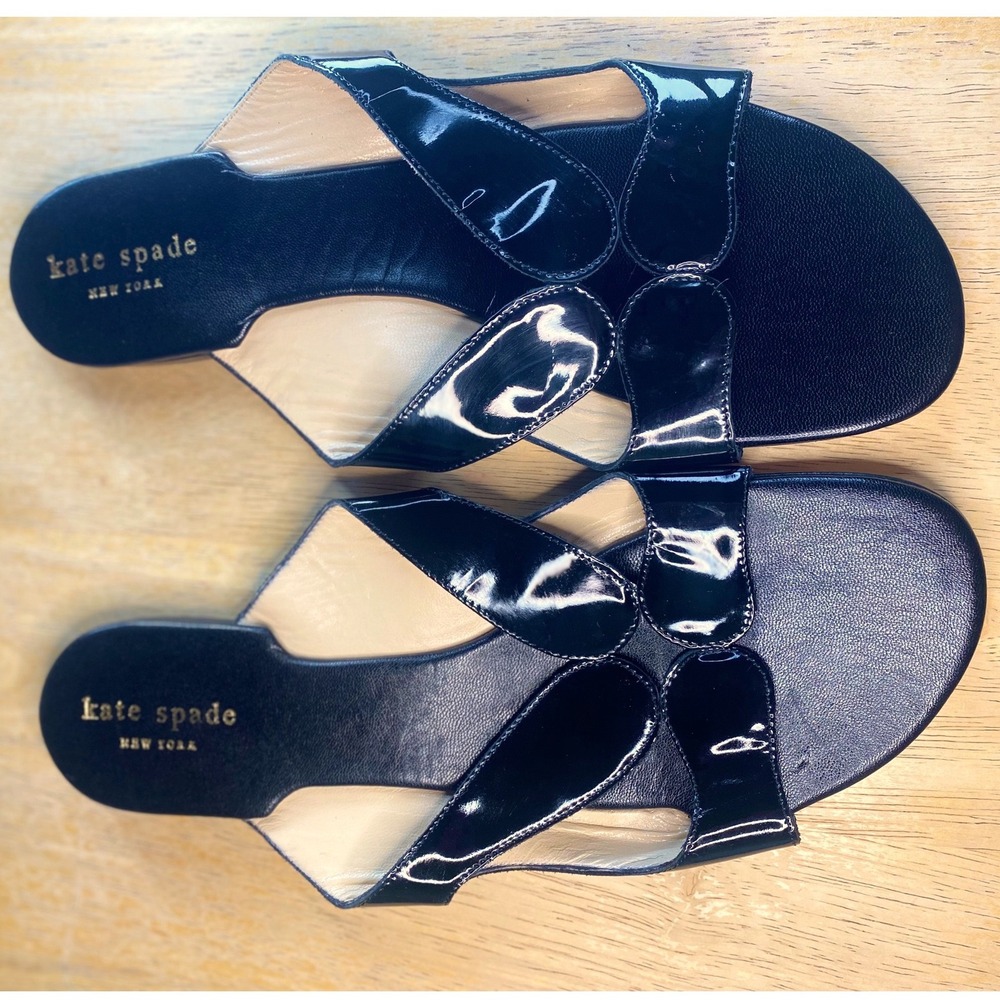 Kate Spade New York Black Patent Leather Interlock Slide Sandals Made In Italy 8